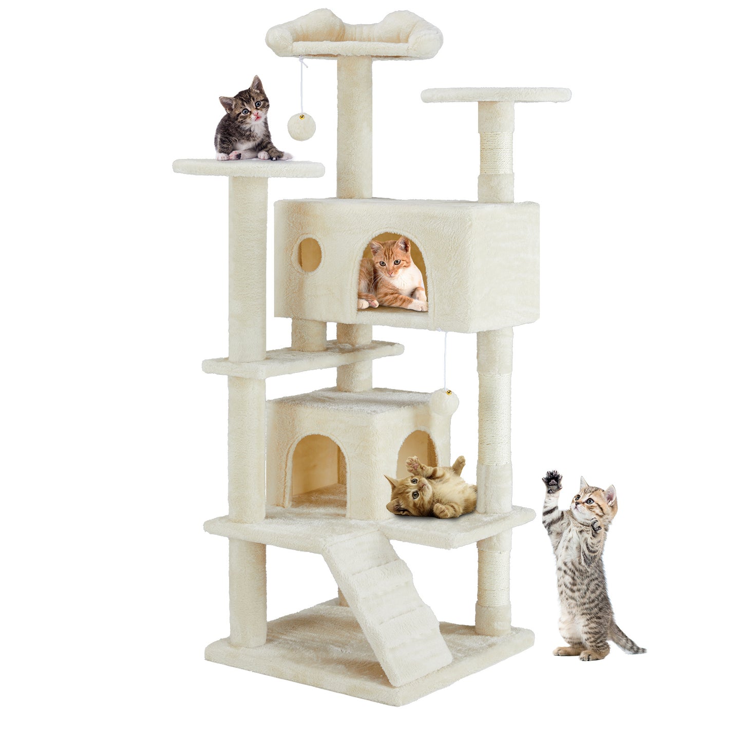Cat tree with multiple levels and a slide, featuring cats on different platforms.