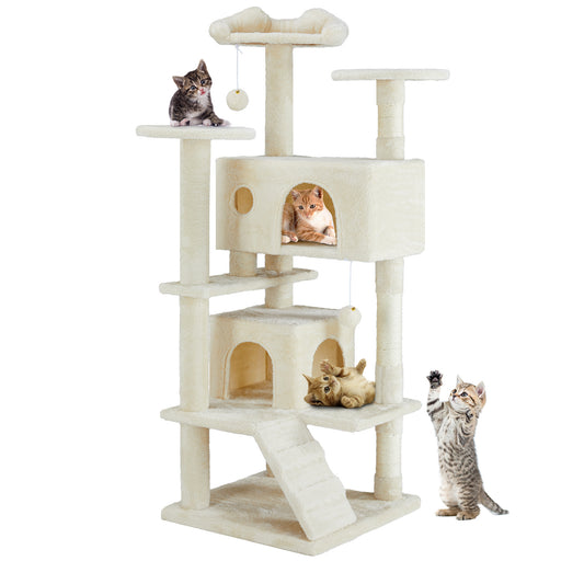 Cat tree with multiple levels and a slide, featuring cats on different platforms.